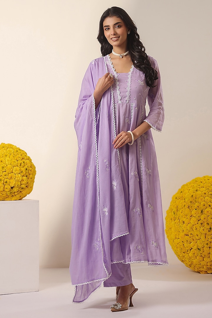 Lavender Cotton Mulmul Embroidered Anarkali Set by Scakhi Luxe at Pernia's Pop Up Shop