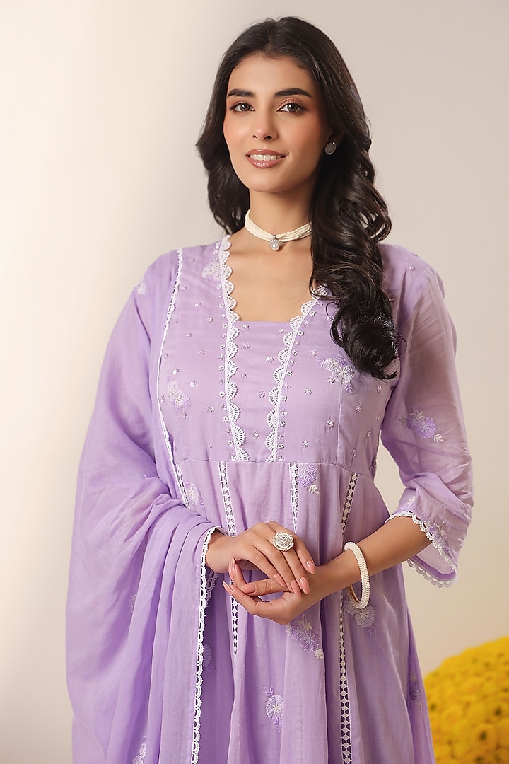 Lavender Cotton Mulmul Embroidered Anarkali Set by Scakhi Luxe at Pernia's Pop Up Shop