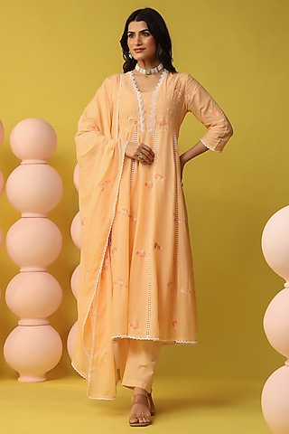 Peach Cotton Mulmul Embroidered Anarkali Set by Scakhi Luxe