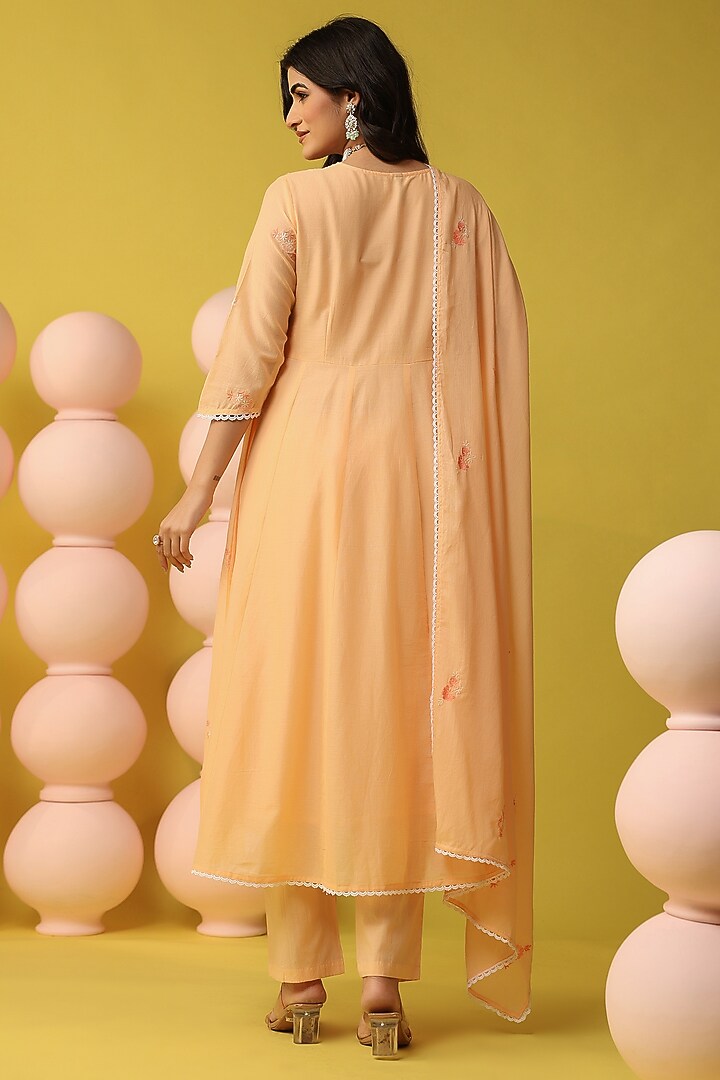Peach Cotton Mulmul Embroidered Anarkali Set by Scakhi Luxe at Pernia's Pop Up Shop