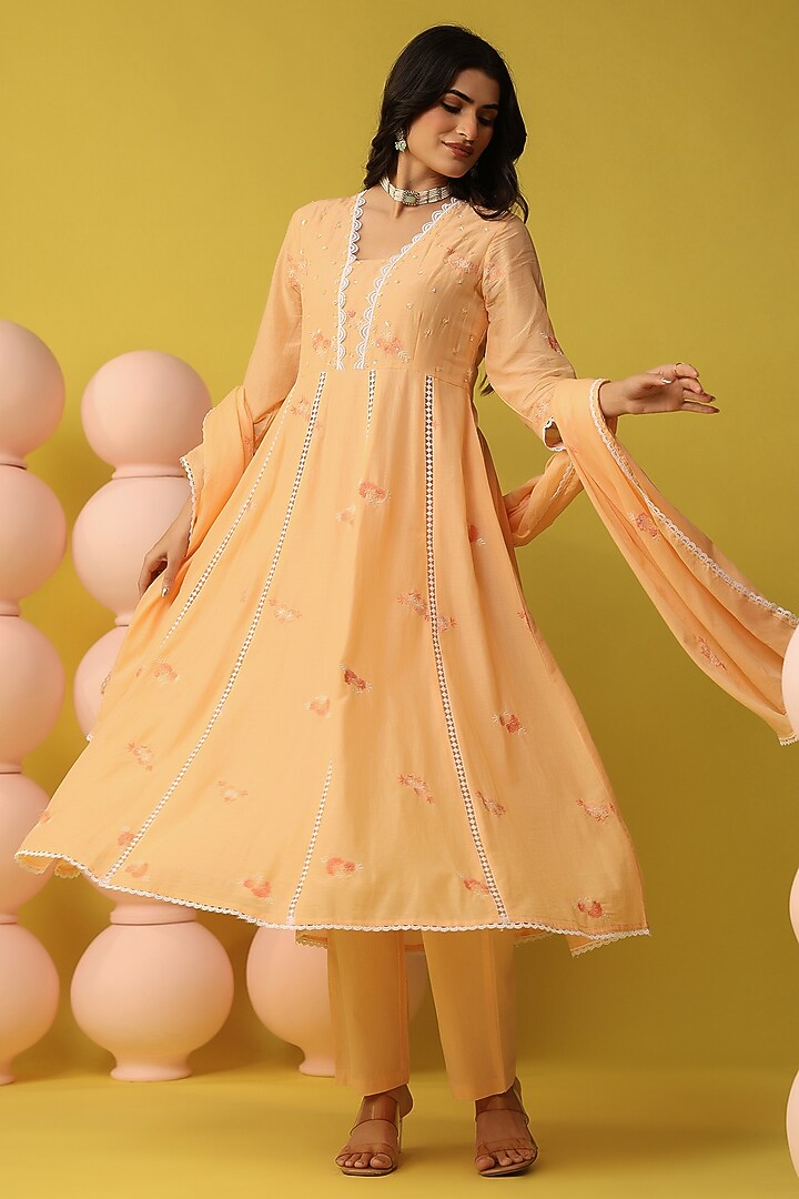 Peach Cotton Mulmul Embroidered Anarkali Set by Scakhi Luxe at Pernia's Pop Up Shop