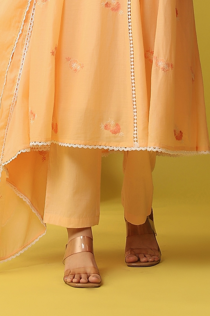 Peach Cotton Mulmul Embroidered Anarkali Set by Scakhi Luxe at Pernia's Pop Up Shop