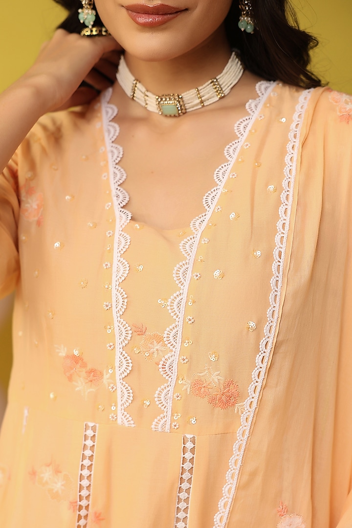 Peach Cotton Mulmul Embroidered Anarkali Set by Scakhi Luxe at Pernia's Pop Up Shop