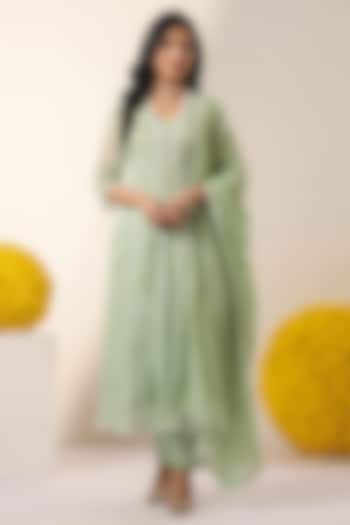 Pista Green Cotton Mulmul Embroidered Anarkali Set by Scakhi Luxe at Pernia's Pop Up Shop