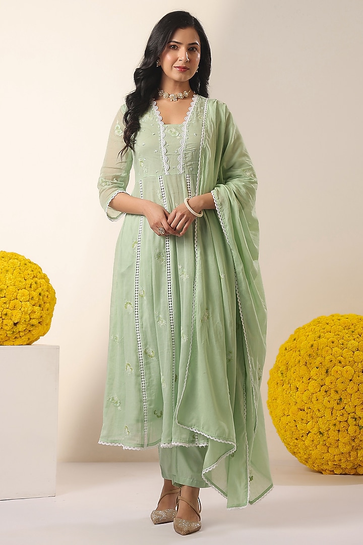 Pista Green Cotton Mulmul Embroidered Anarkali Set by Scakhi Luxe at Pernia's Pop Up Shop