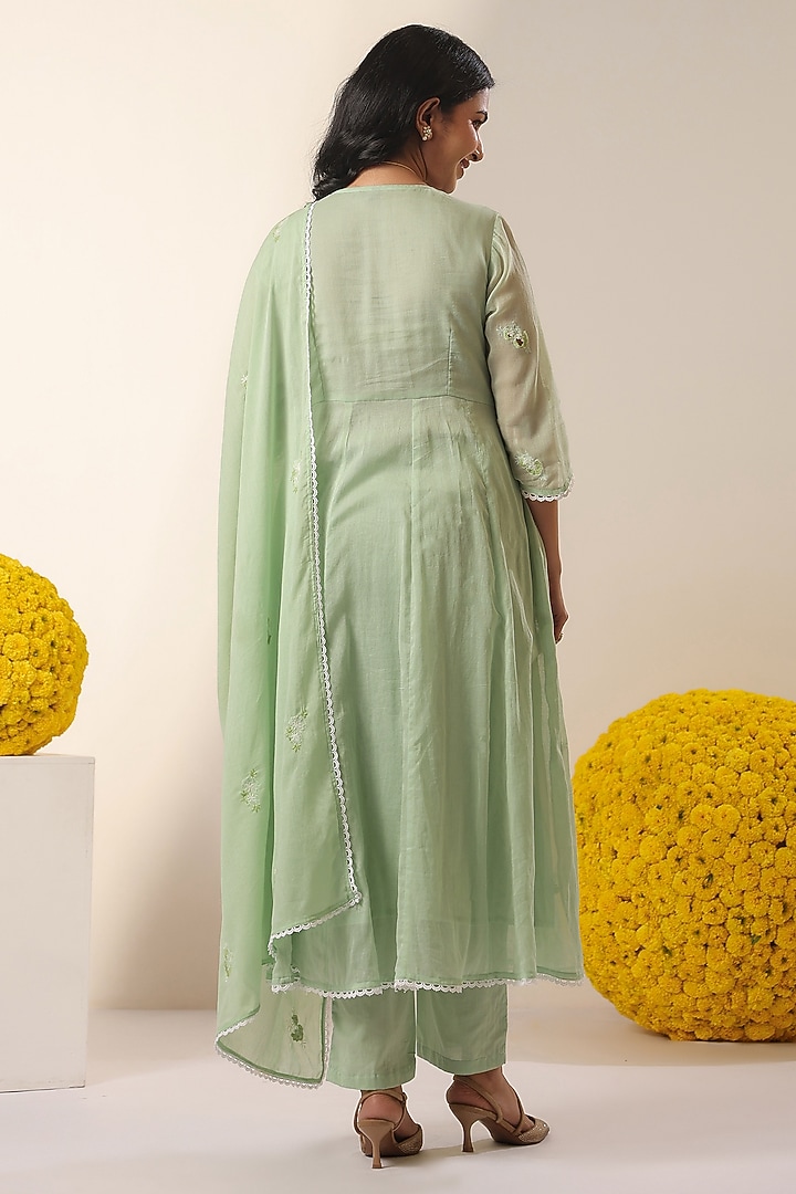 Pista Green Cotton Mulmul Embroidered Anarkali Set by Scakhi Luxe at Pernia's Pop Up Shop