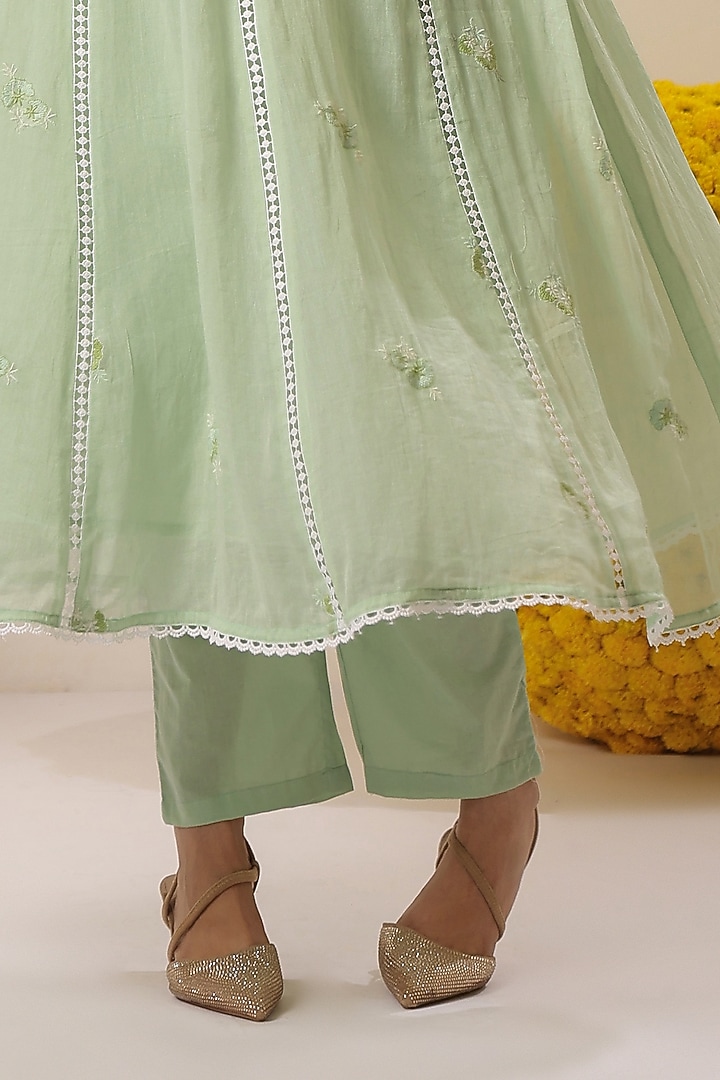 Pista Green Cotton Mulmul Embroidered Anarkali Set by Scakhi Luxe at Pernia's Pop Up Shop