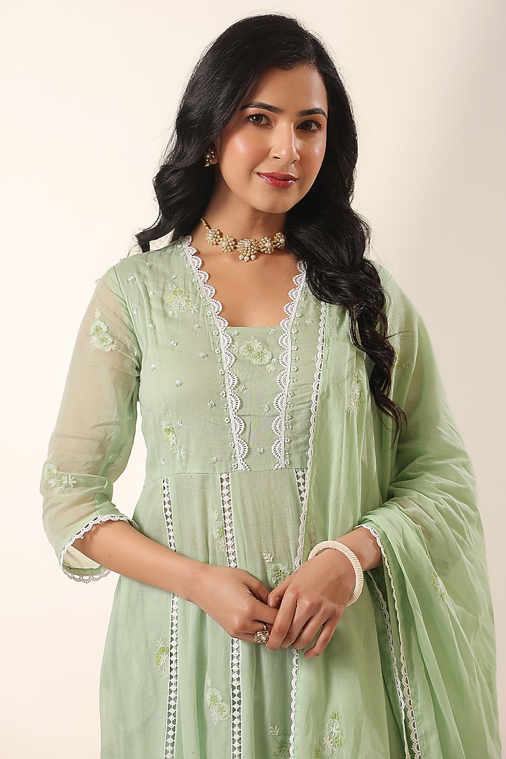 Pista Green Cotton Mulmul Embroidered Anarkali Set by Scakhi Luxe at Pernia's Pop Up Shop