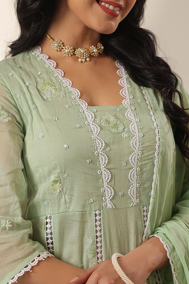 Pista Green Cotton Mulmul Embroidered Anarkali Set by Scakhi Luxe at Pernia's Pop Up Shop