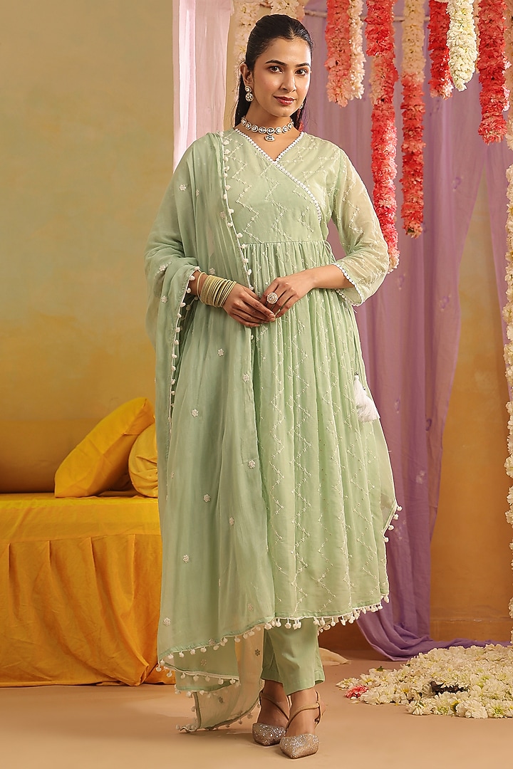 Pista Green Cotton Mulmul Embroidered Anarkali Set by Scakhi Luxe at Pernia's Pop Up Shop