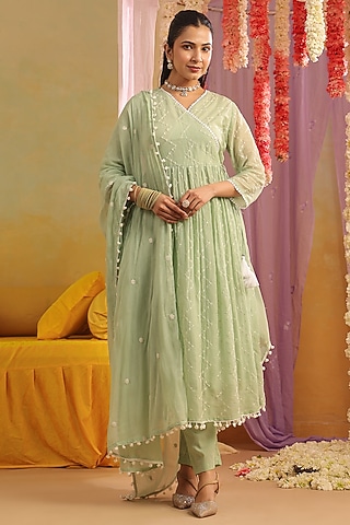 Pista Green Cotton Mulmul Embroidered Anarkali Set by Scakhi Luxe