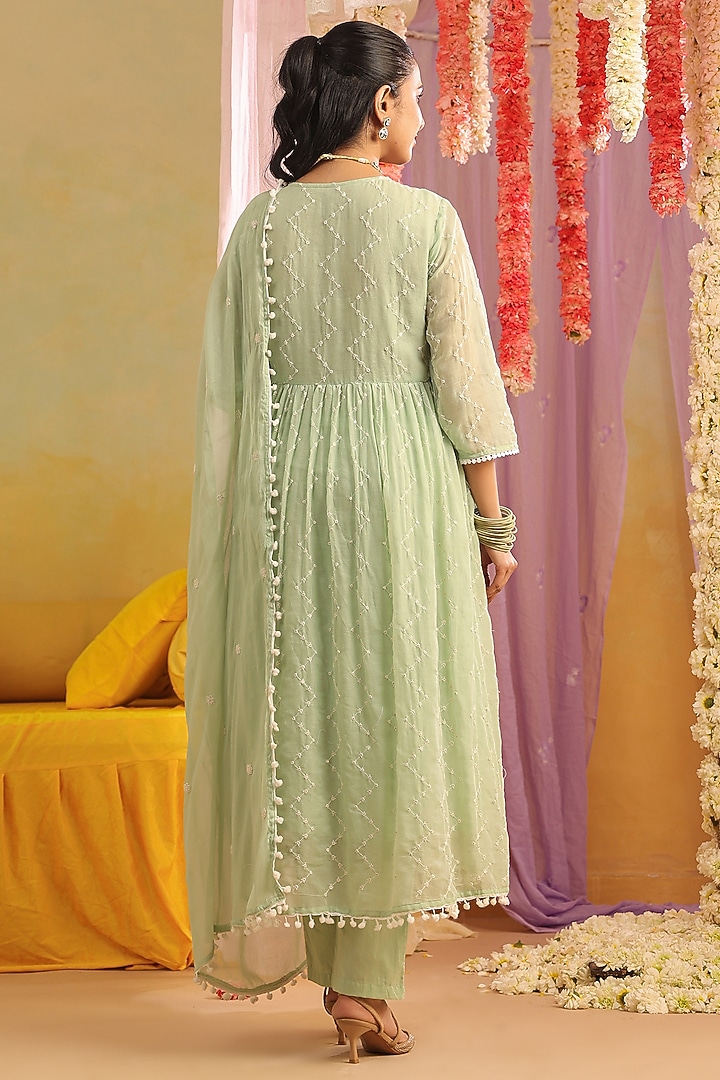 Pista Green Cotton Mulmul Embroidered Anarkali Set by Scakhi Luxe at Pernia's Pop Up Shop