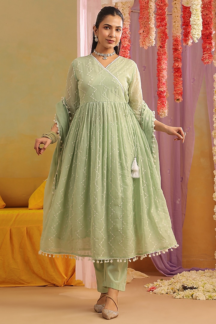 Pista Green Cotton Mulmul Embroidered Anarkali Set by Scakhi Luxe at Pernia's Pop Up Shop