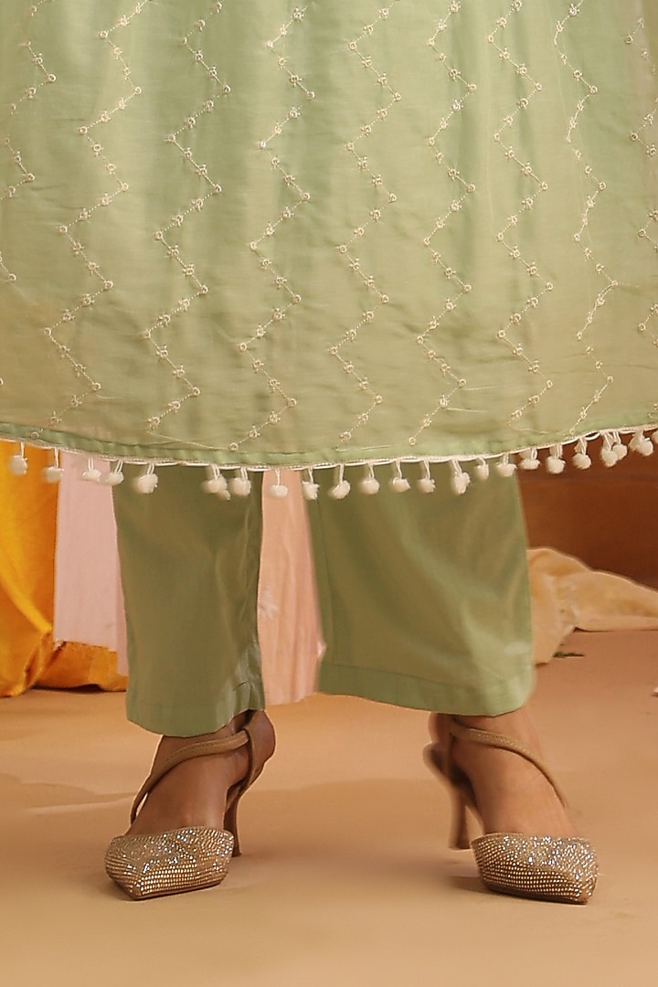 Pista Green Cotton Mulmul Embroidered Anarkali Set by Scakhi Luxe at Pernia's Pop Up Shop