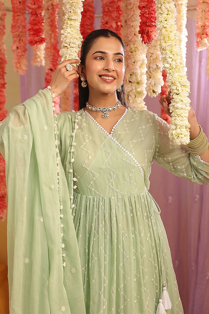 Pista Green Cotton Mulmul Embroidered Anarkali Set by Scakhi Luxe at Pernia's Pop Up Shop