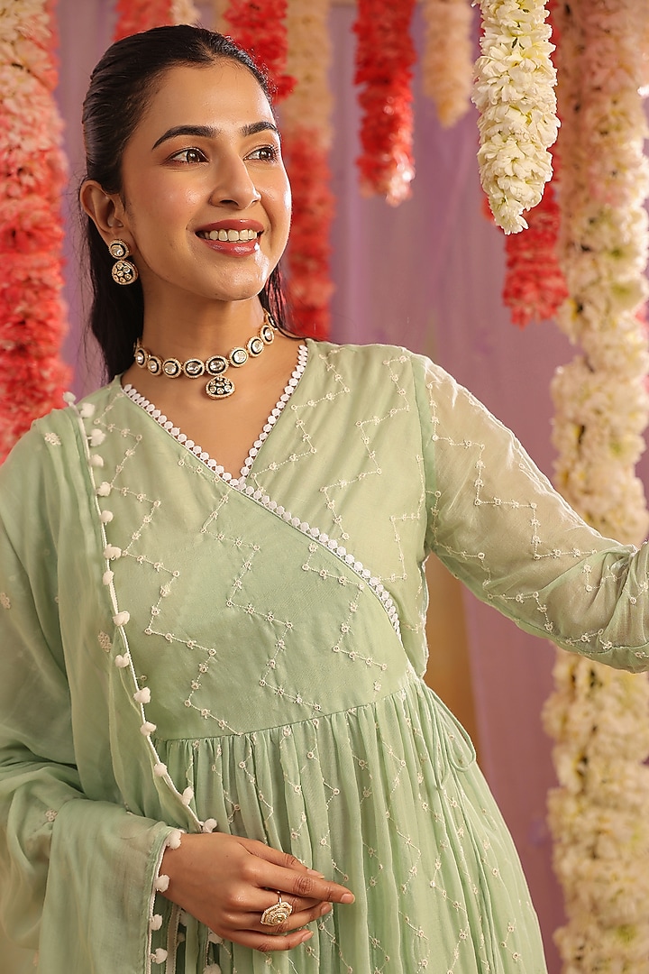 Pista Green Cotton Mulmul Embroidered Anarkali Set by Scakhi Luxe at Pernia's Pop Up Shop