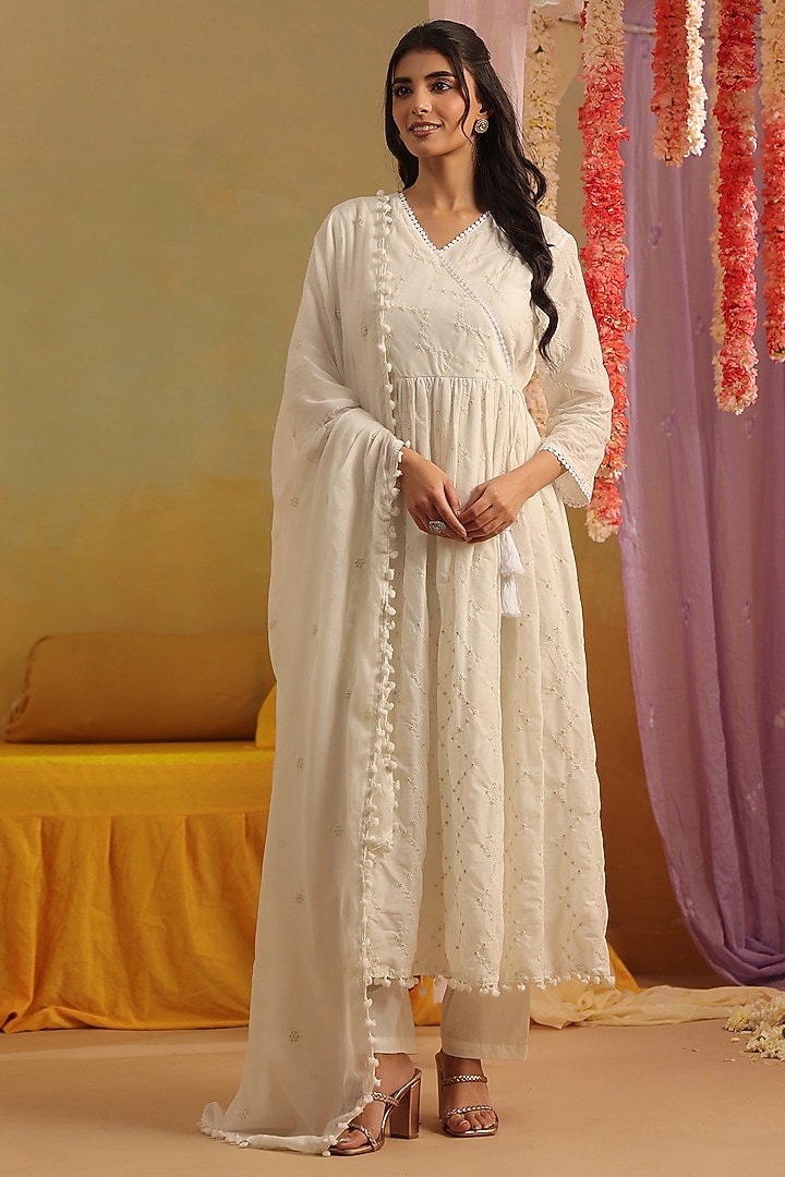 White Cotton Mulmul Embroidered Anarkali Set by Scakhi Luxe at Pernia's Pop Up Shop