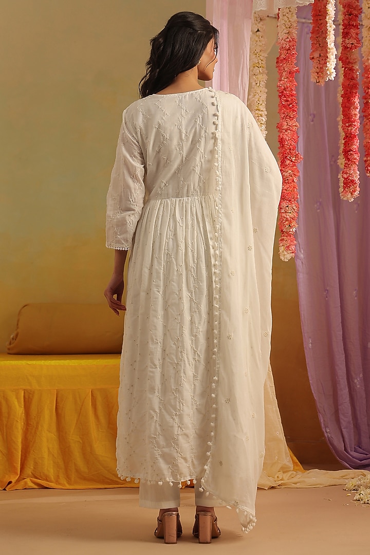 White Cotton Mulmul Embroidered Anarkali Set by Scakhi Luxe at Pernia's Pop Up Shop