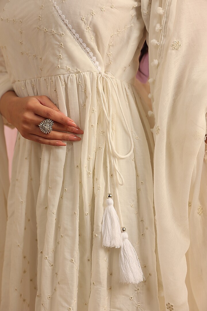 White Cotton Mulmul Embroidered Anarkali Set by Scakhi Luxe at Pernia's Pop Up Shop