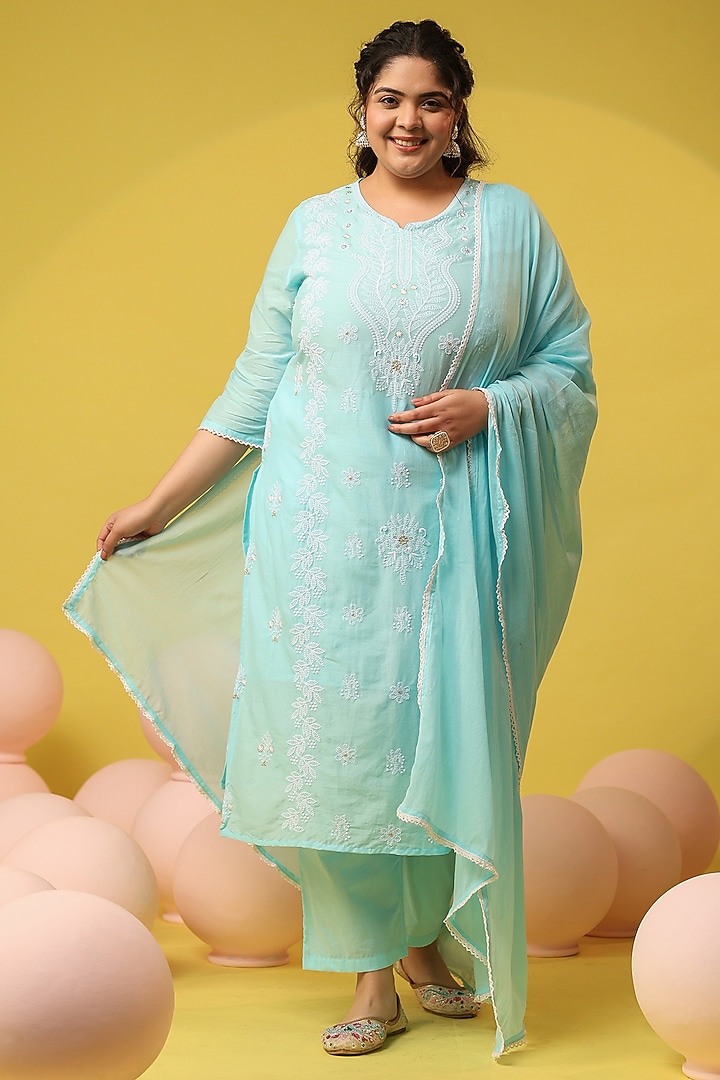 Aqua Cotton Mulmul Chikankari Embroidered Kurta Set by Scakhi Luxe at Pernia's Pop Up Shop