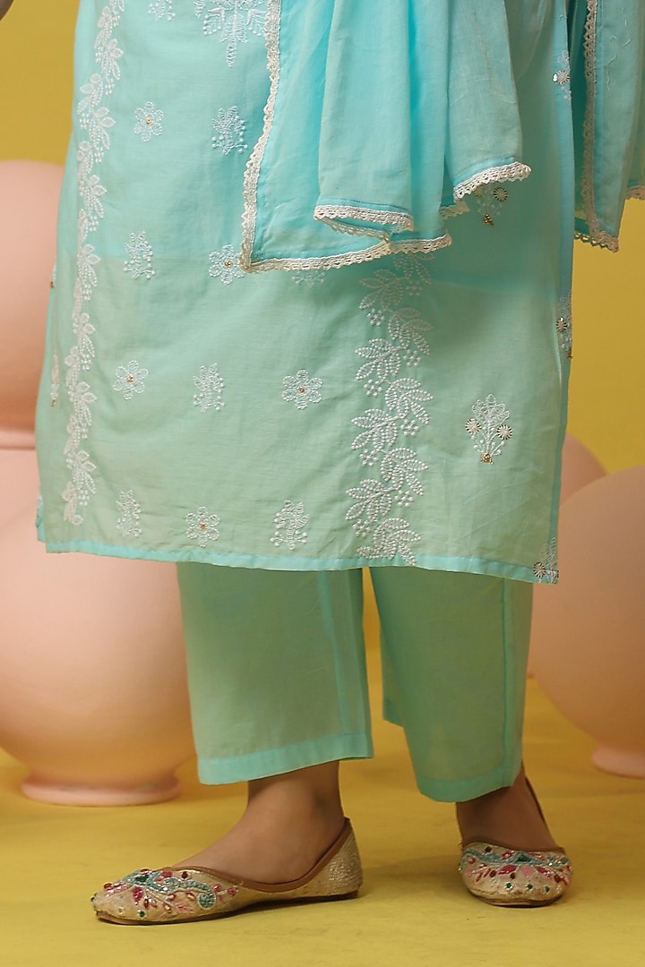 Aqua Cotton Mulmul Chikankari Embroidered Kurta Set by Scakhi Luxe at Pernia's Pop Up Shop