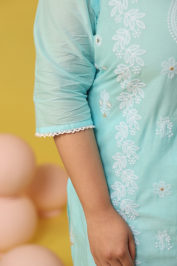 Aqua Cotton Mulmul Chikankari Embroidered Kurta Set by Scakhi Luxe at Pernia's Pop Up Shop