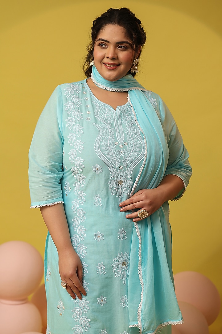 Aqua Cotton Mulmul Chikankari Embroidered Kurta Set by Scakhi Luxe at Pernia's Pop Up Shop