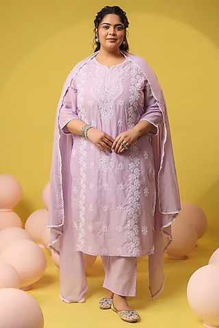 Lavender Cotton Mulmul Chikankari Embroidered Kurta Set by Scakhi Luxe