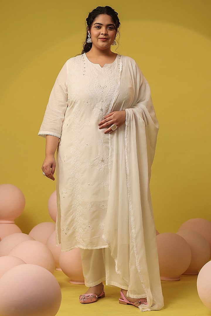 White Cotton Mulmul Chikankari Embroidered Kurta Set by Scakhi Luxe at Pernia's Pop Up Shop
