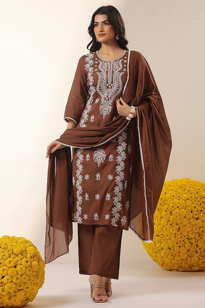 Coffee Brown Cotton Mulmul Chikankari Embroidered Kurta Set by Scakhi Luxe at Pernia's Pop Up Shop