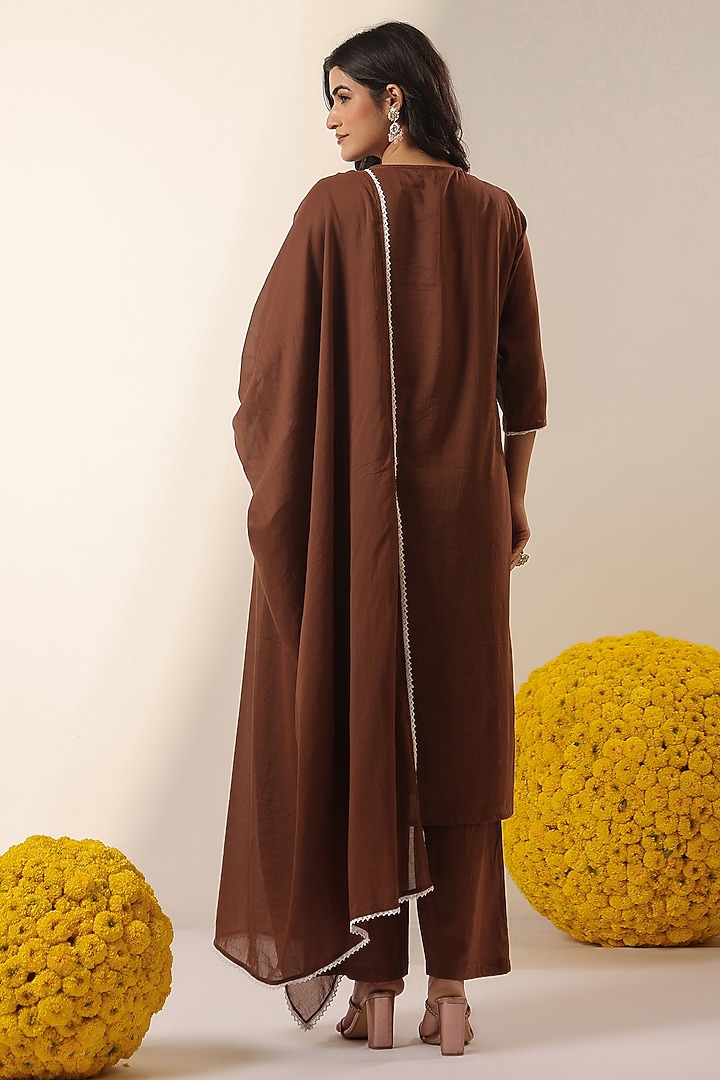 Coffee Brown Cotton Mulmul Chikankari Embroidered Kurta Set by Scakhi Luxe at Pernia's Pop Up Shop