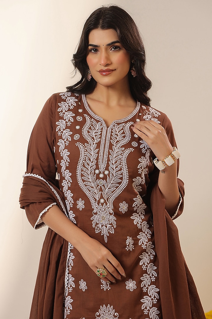 Coffee Brown Cotton Mulmul Chikankari Embroidered Kurta Set by Scakhi Luxe at Pernia's Pop Up Shop