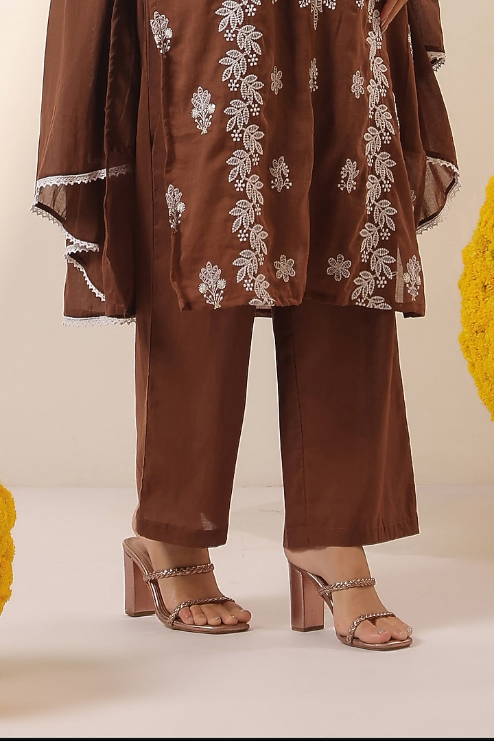 Coffee Brown Cotton Mulmul Chikankari Embroidered Kurta Set by Scakhi Luxe at Pernia's Pop Up Shop