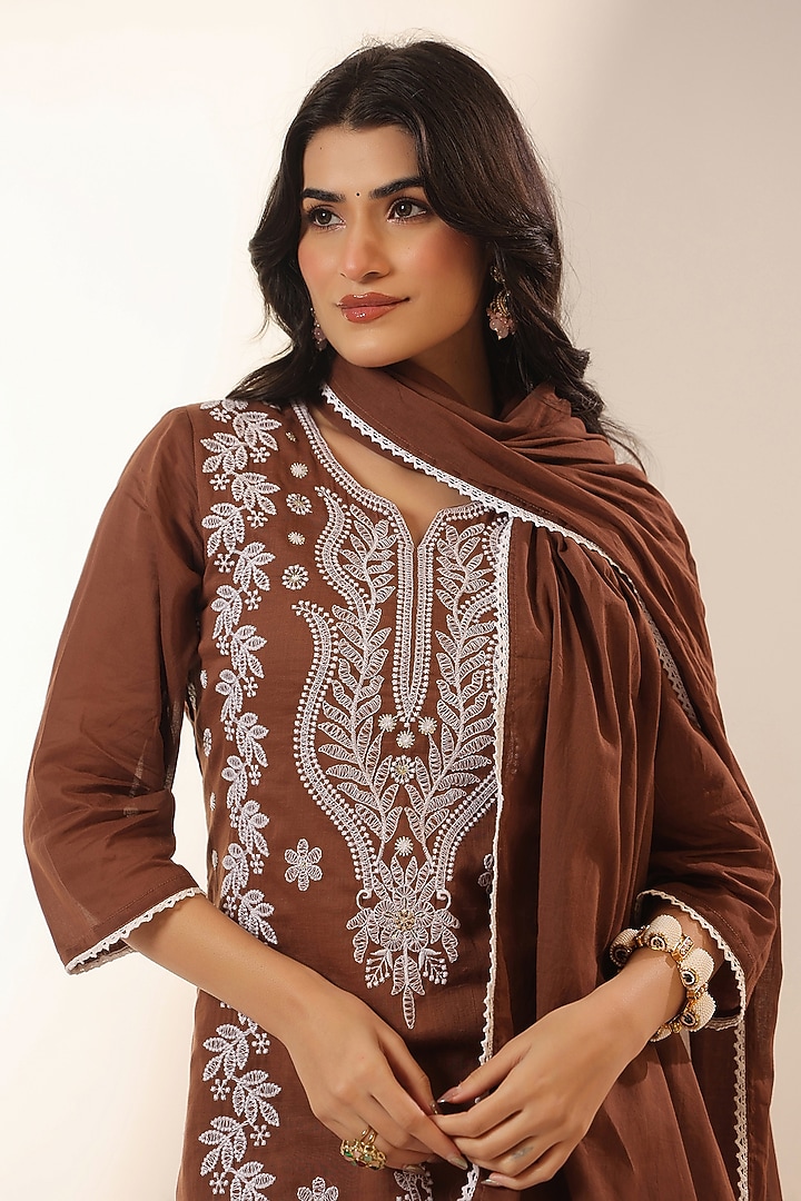 Coffee Brown Cotton Mulmul Chikankari Embroidered Kurta Set by Scakhi Luxe at Pernia's Pop Up Shop