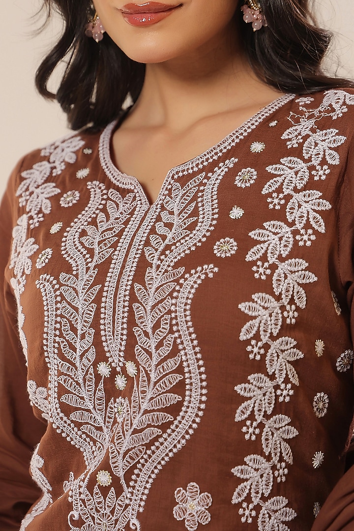 Coffee Brown Cotton Mulmul Chikankari Embroidered Kurta Set by Scakhi Luxe at Pernia's Pop Up Shop