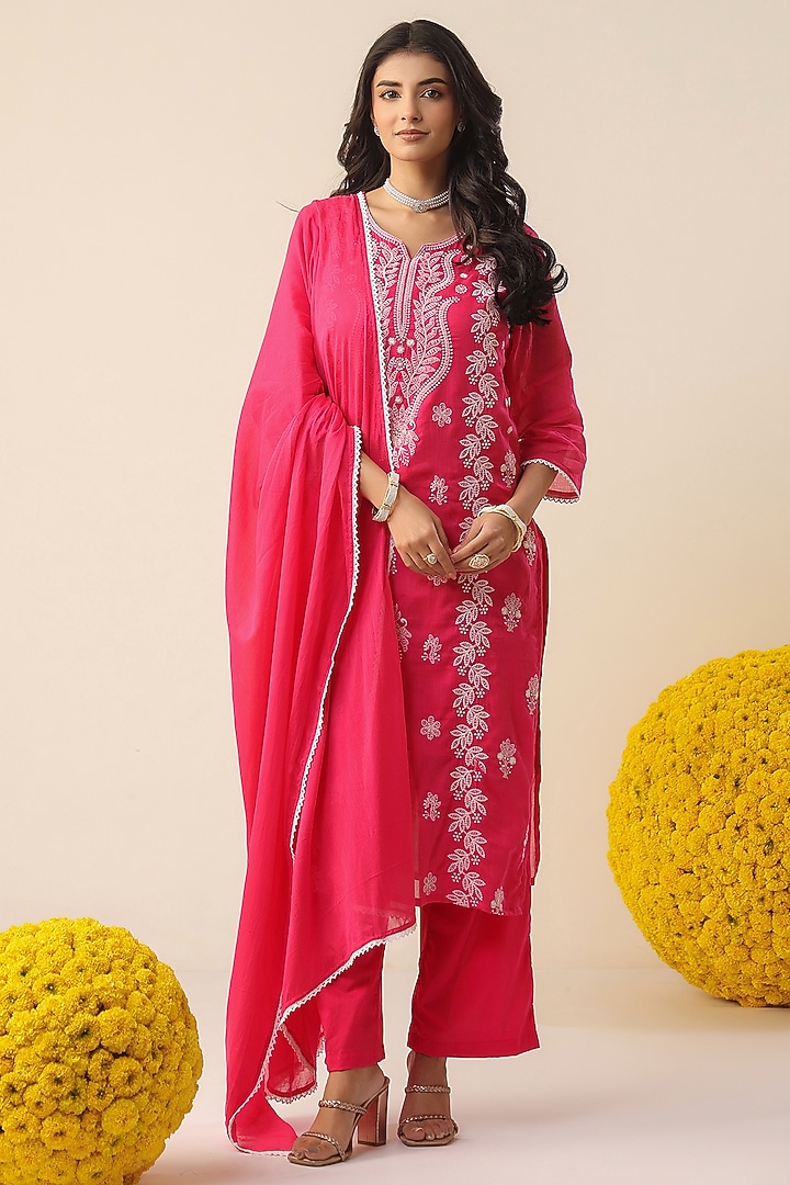 Fuchsia Pink Cotton Mulmul Chikankari Embroidered Kurta Set by Scakhi Luxe at Pernia's Pop Up Shop