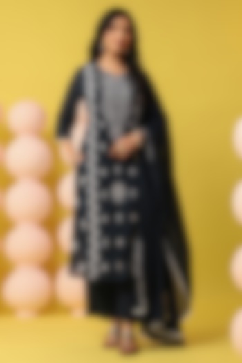 Navy Blue Cotton Mulmul Chikankari Embroidered Kurta Set by Scakhi Luxe at Pernia's Pop Up Shop
