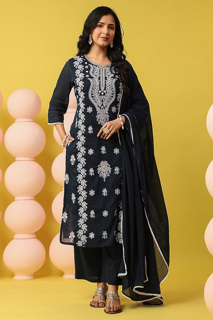 Navy Blue Cotton Mulmul Chikankari Embroidered Kurta Set by Scakhi Luxe at Pernia's Pop Up Shop