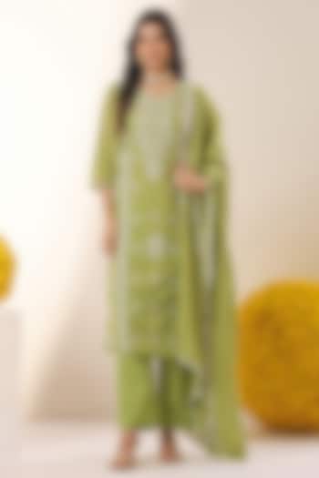 Parrot Green Cotton Mulmul Chikankari Embroidered Kurta Set by Scakhi Luxe at Pernia's Pop Up Shop