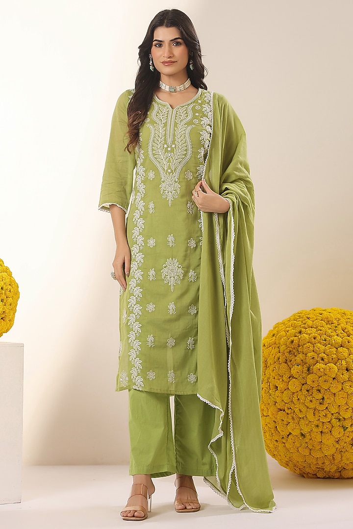 Parrot Green Cotton Mulmul Chikankari Embroidered Kurta Set by Scakhi Luxe at Pernia's Pop Up Shop