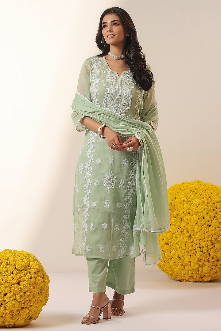 Pista Green Cotton Mulmul Chikankari Embroidered Kurta Set by Scakhi Luxe at Pernia's Pop Up Shop