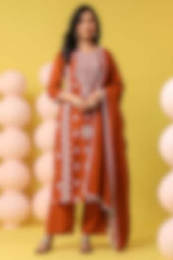 Rust Orange Cotton Mulmul Chikankari Embroidered Kurta Set by Scakhi Luxe at Pernia's Pop Up Shop