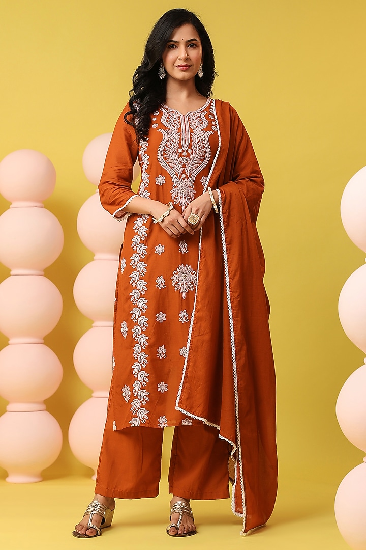 Rust Orange Cotton Mulmul Chikankari Embroidered Kurta Set by Scakhi Luxe at Pernia's Pop Up Shop