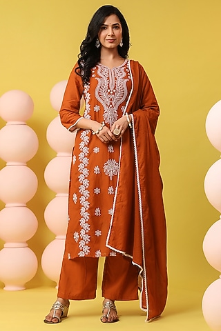 Rust Orange Cotton Mulmul Chikankari Embroidered Kurta Set by Scakhi Luxe