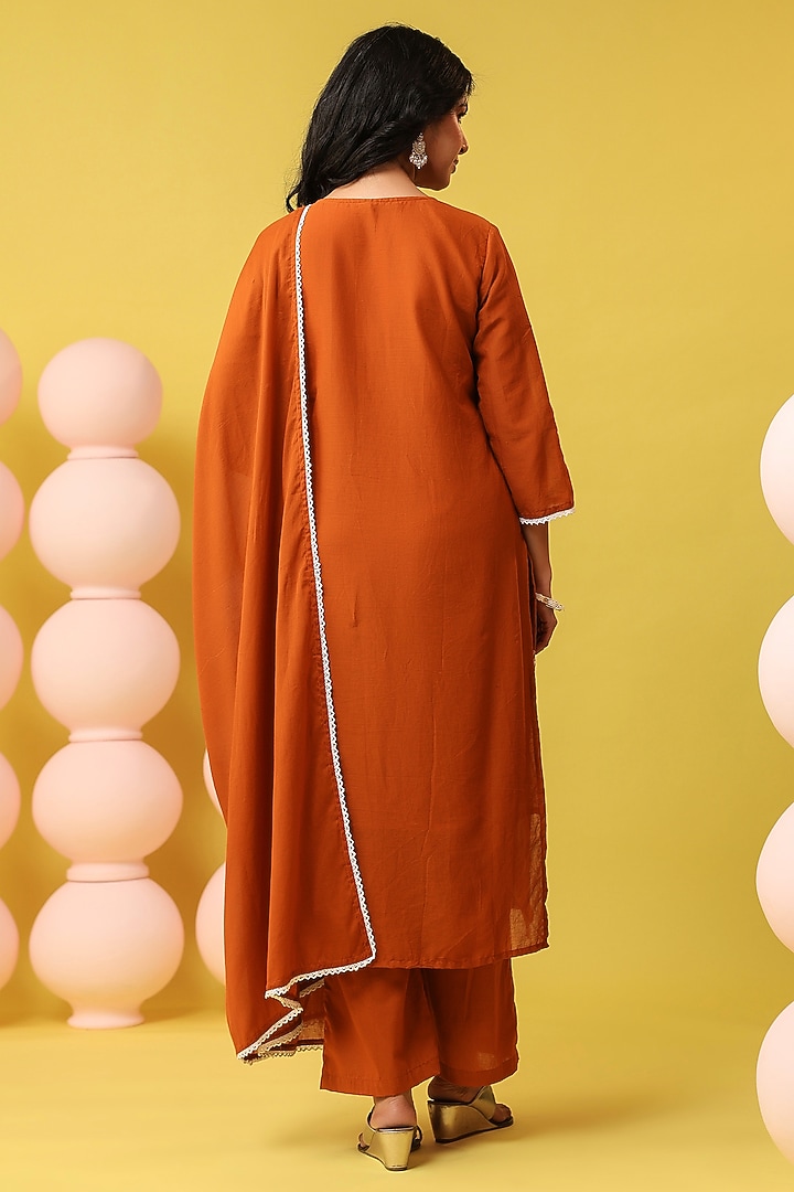 Rust Orange Cotton Mulmul Chikankari Embroidered Kurta Set by Scakhi Luxe at Pernia's Pop Up Shop