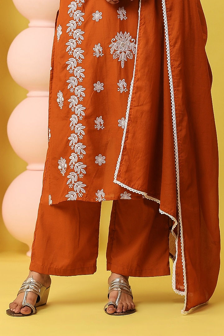 Rust Orange Cotton Mulmul Chikankari Embroidered Kurta Set by Scakhi Luxe at Pernia's Pop Up Shop