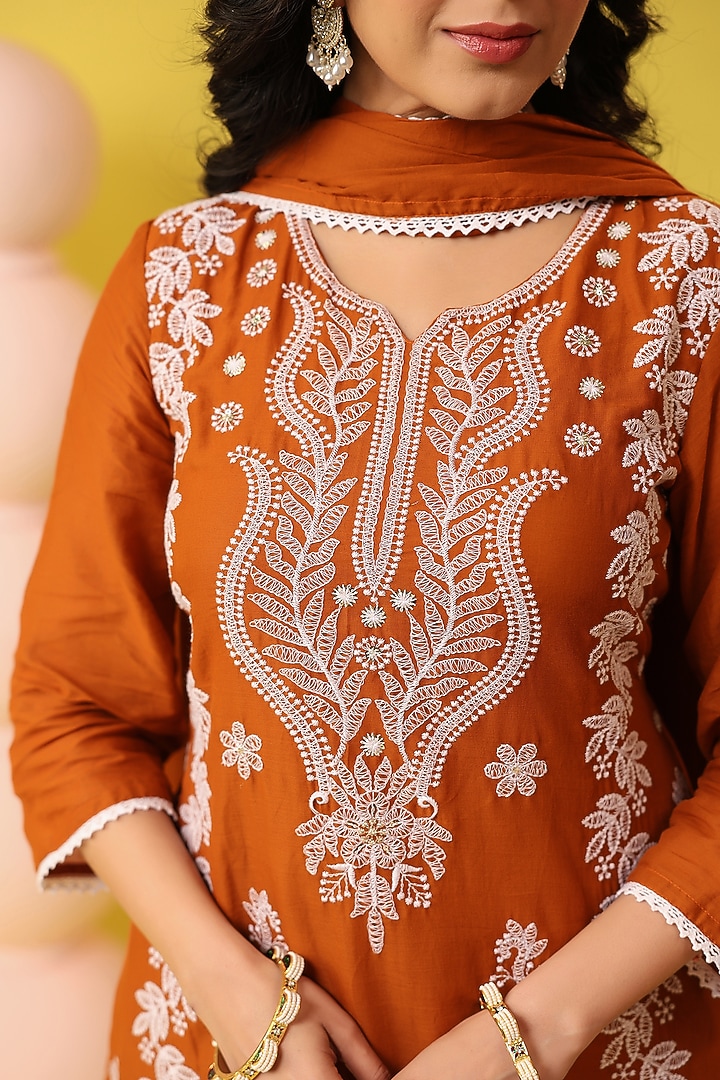 Rust Orange Cotton Mulmul Chikankari Embroidered Kurta Set by Scakhi Luxe at Pernia's Pop Up Shop