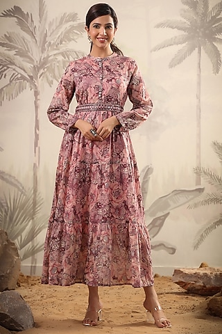 Lavender Mul Cotton Printed & Embroidered Tiered Dress by Scakhi Luxe