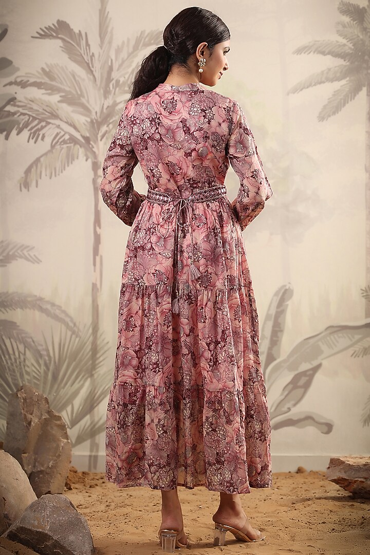Lavender Mul Cotton Printed & Embroidered Tiered Summer Dress by Scakhi Luxe at Pernia's Pop Up Shop