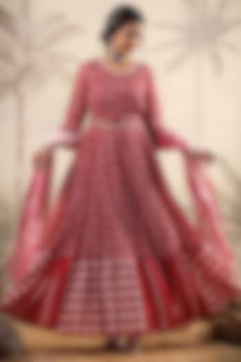 Red Mul Cotton Printed & Embroidered Anarkali Set by Scakhi Luxe at Pernia's Pop Up Shop